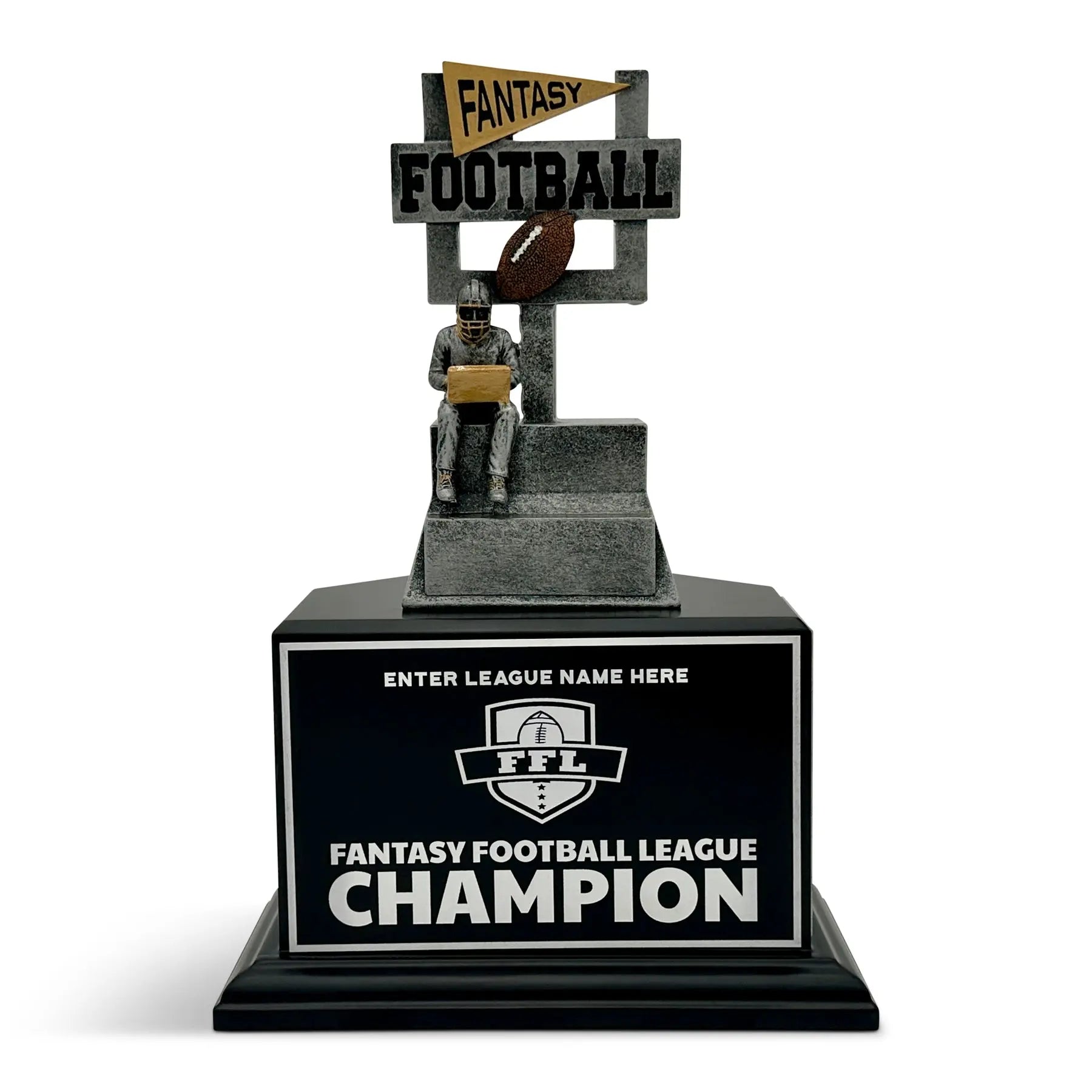 Fantasy football league champion trophy with customizable text on a white background