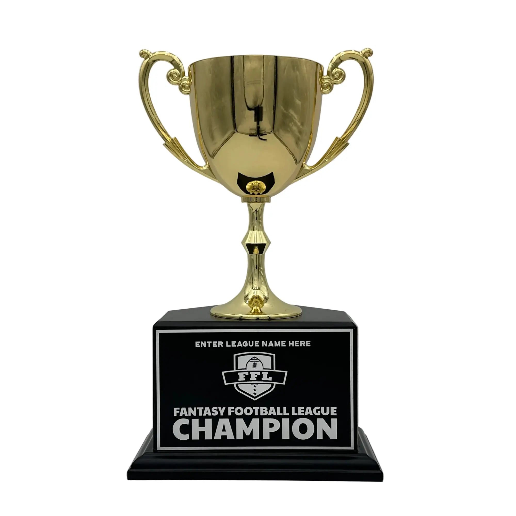 Gold trophy with a black base for fantasy football league champion on a gray background
