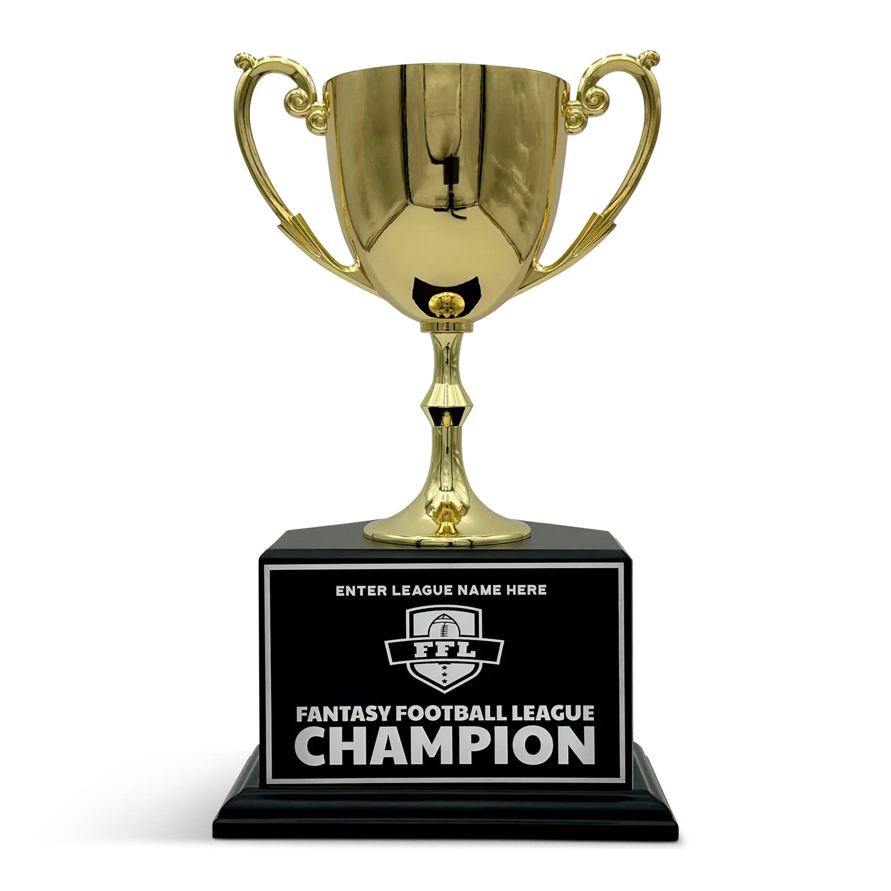 Gold trophy with a black base for fantasy football league champion on a white background