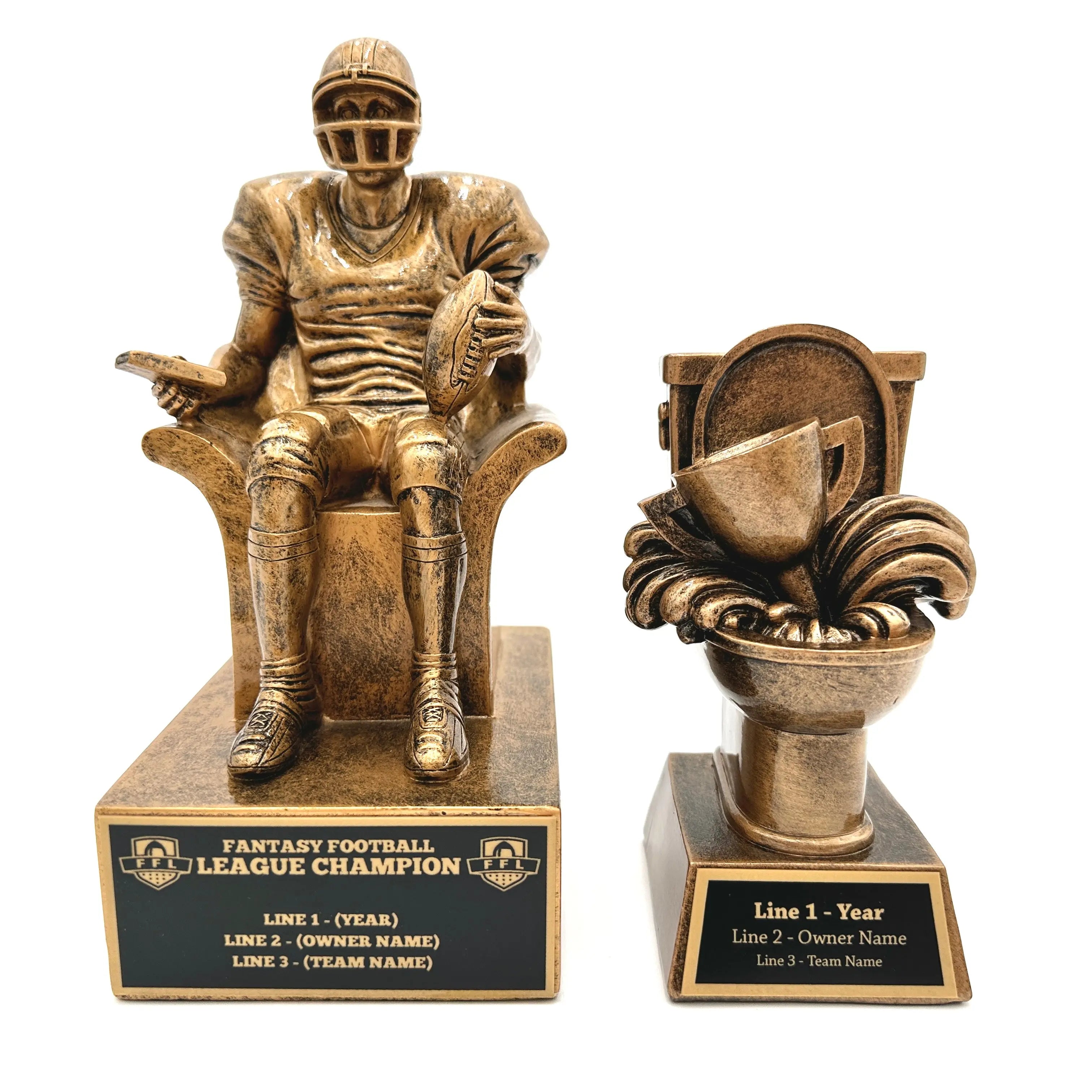 Two bronze-finished fantasy football championship trophies on black bases against a white background. The larger left trophy shows a seated football player holding a football and phone, with text reading 'Fantasy Football League Champion.